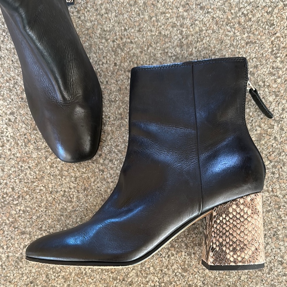 Dolce Vita Black Leather Ankle Boots with Snakeskin Heel, 7.5